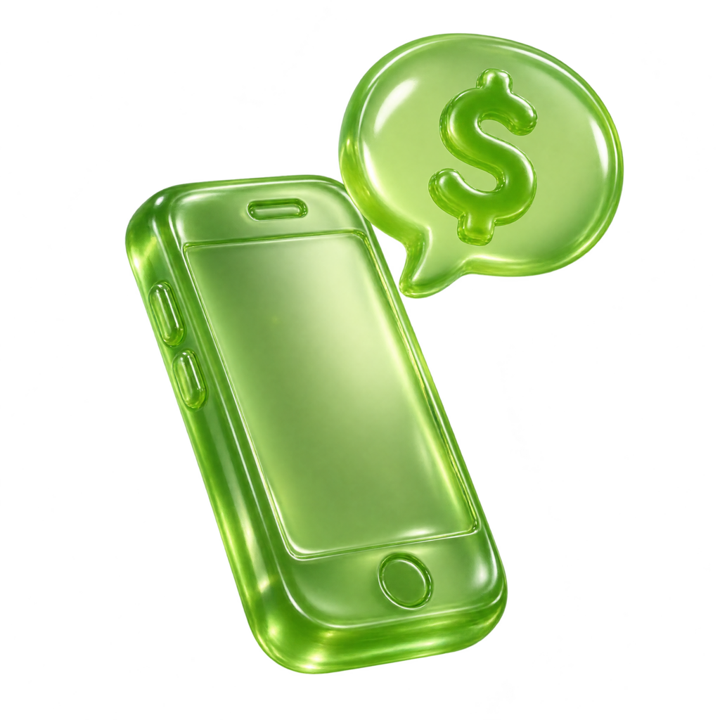 A green jelly phone with a dollar sign floating above it